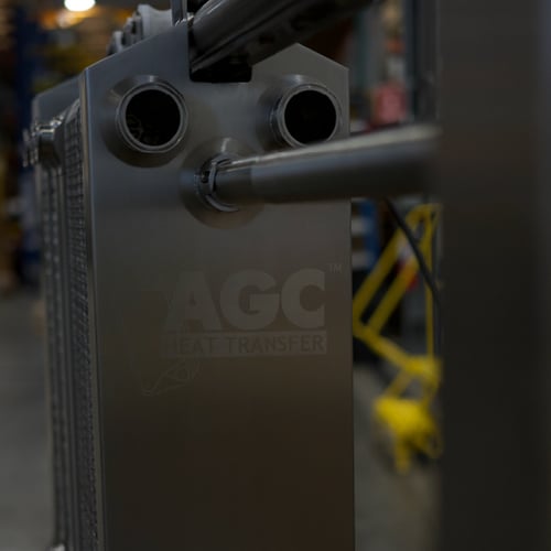 AGC logo on stainless steel plate heat exchanger.